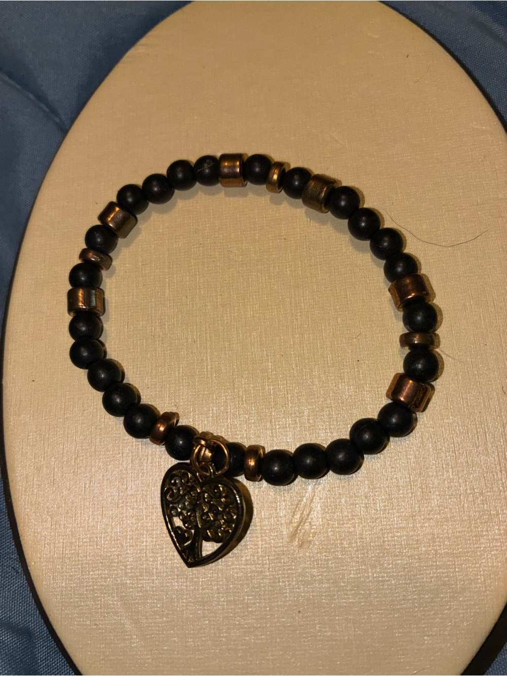 Heart Tree Charm Black and Gold Beaded Bracelet